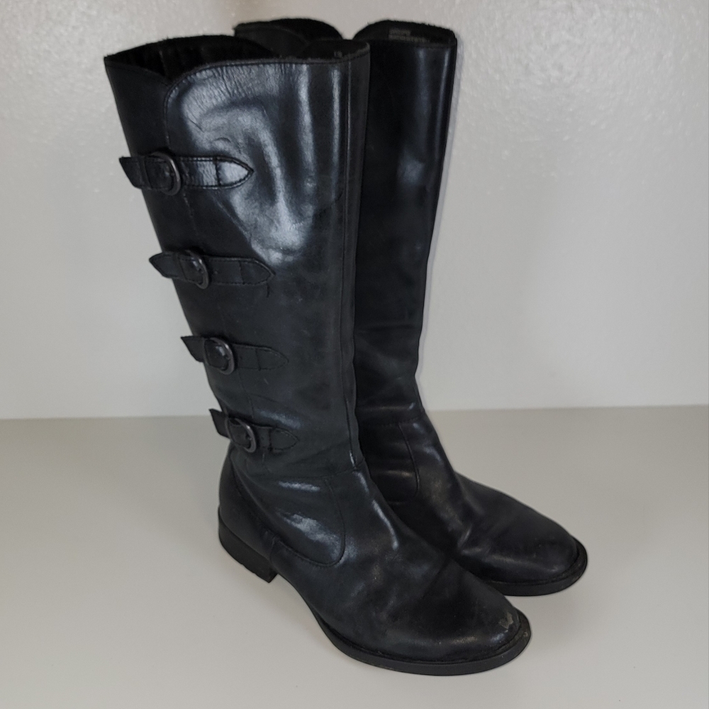 Born Black Leather Cuatros Tall Boots  With Strap Detail